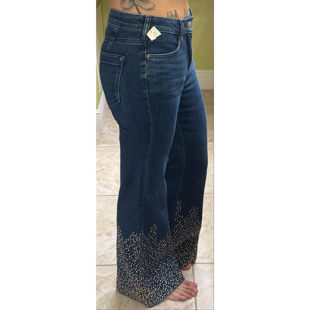 Pilcro High-Rise Flare Jeans Dark Wash Studded Hem Size 25 trendy $168 NWT - Picture 6 of 11